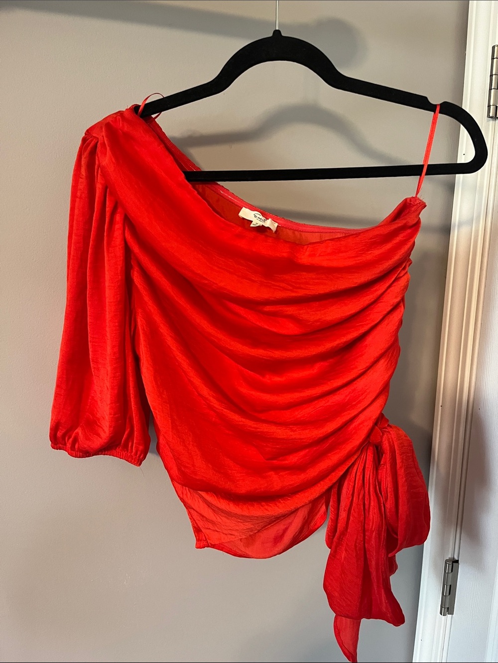 easel Red One-Shoulder Draped Blouse with Side Tie